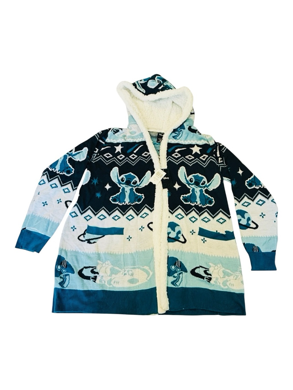 Stitch Sherpa Fair Isle Cardigan Disney NEW Women Plus Size 2XL Blue White NWT